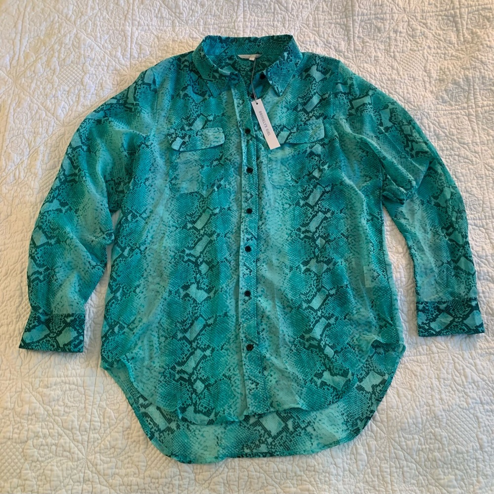 Brooklyn Girl Blue Green Animal Print Long Sleeve Shirt Size Juniors Large
